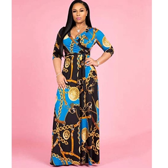 V Neck 3/4 Sleeves Faux Wrap Maxi Dress with Belt - Picture 4 of 7